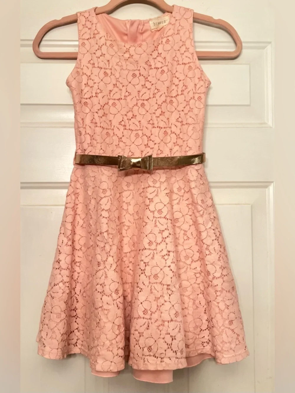 🌸 Girls Pink Lace Overlay Dress with Gold Bow Belt - Size 10